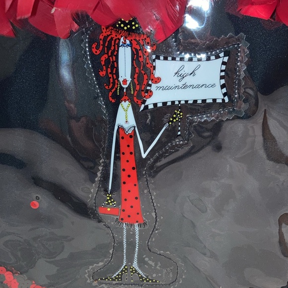 Vtg. Blk purse w/red accents, lady carries “high maintenance” sign. $29 - Picture 9 of 9